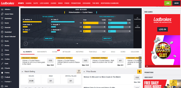 Ladbrokes Wolverhampton vs Crystal Palace Markets Screenshot