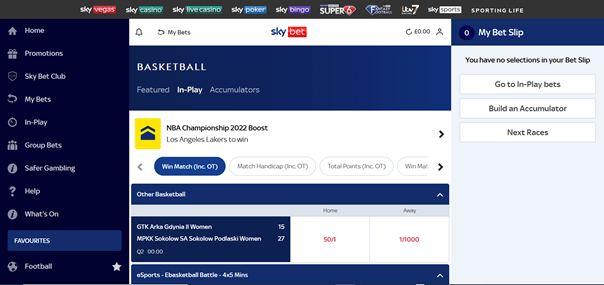 Screenshot Of Sky Bet Live Betting Page.