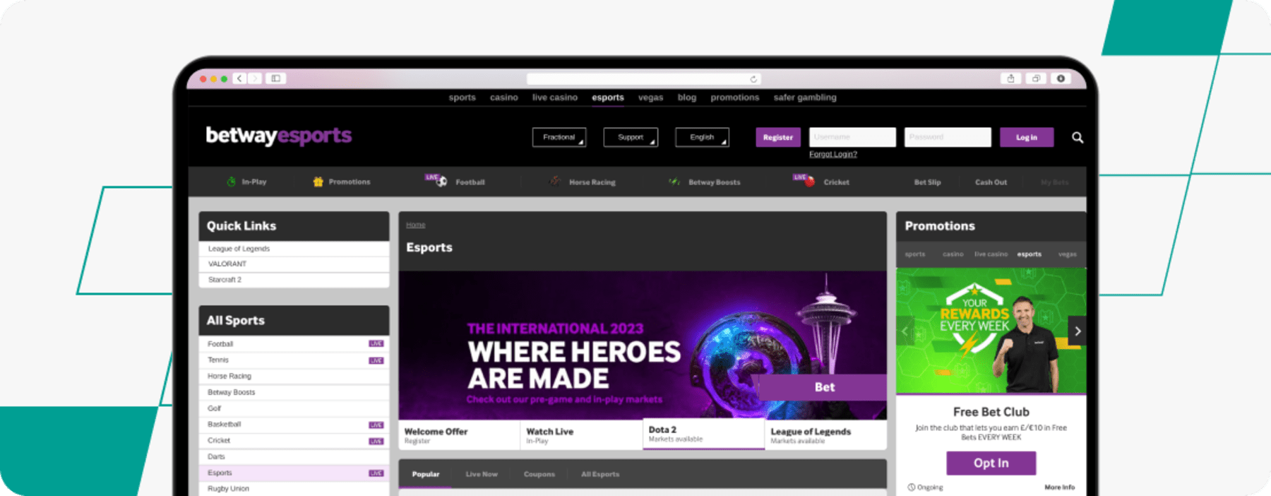 Betway eSport Betting desktop screenshot