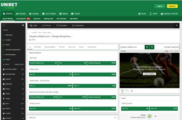 Unibet Odds and Margins Screenshot